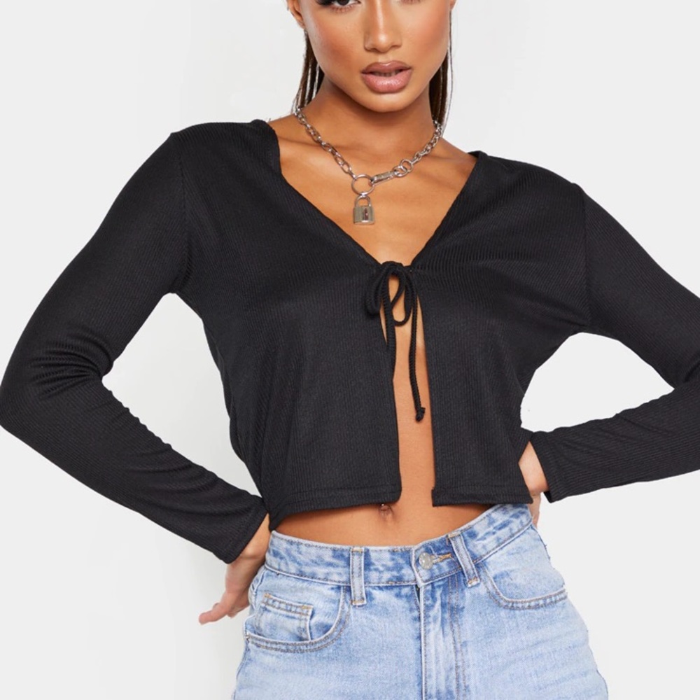 Black Rib Tie Front Crop Top